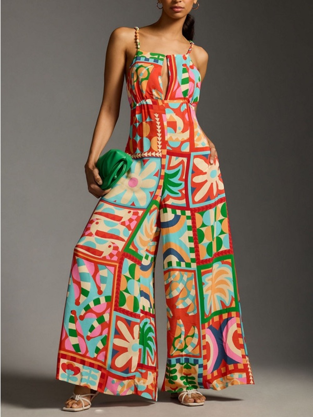 FARM Rio Anthropologie Beaded Strap Patchwork Wide Leg Jumpsuit M